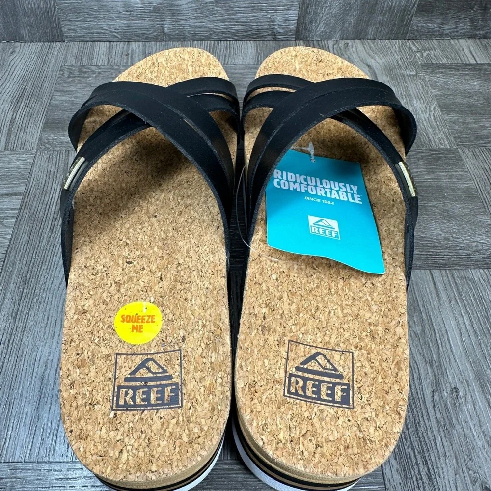 Reef Vista Hi Sandals Women 10 Black Platform Vegan Leather Cork Slide NEW